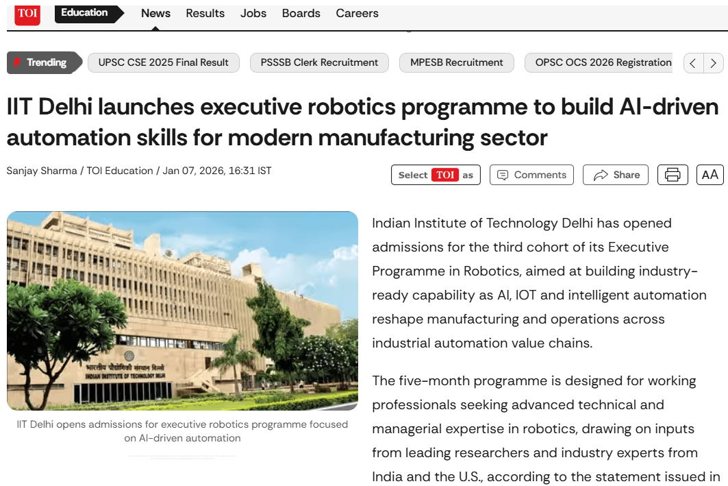IIT Delhi launches executive robotics programme to build AI-driven automation skills for modern manufacturing sector
